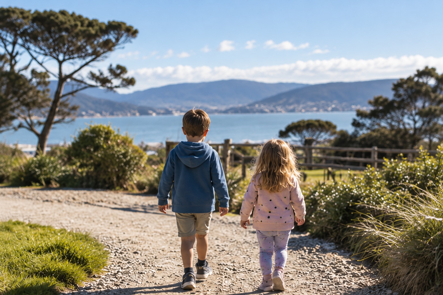 Two children setting out together along a coastal path