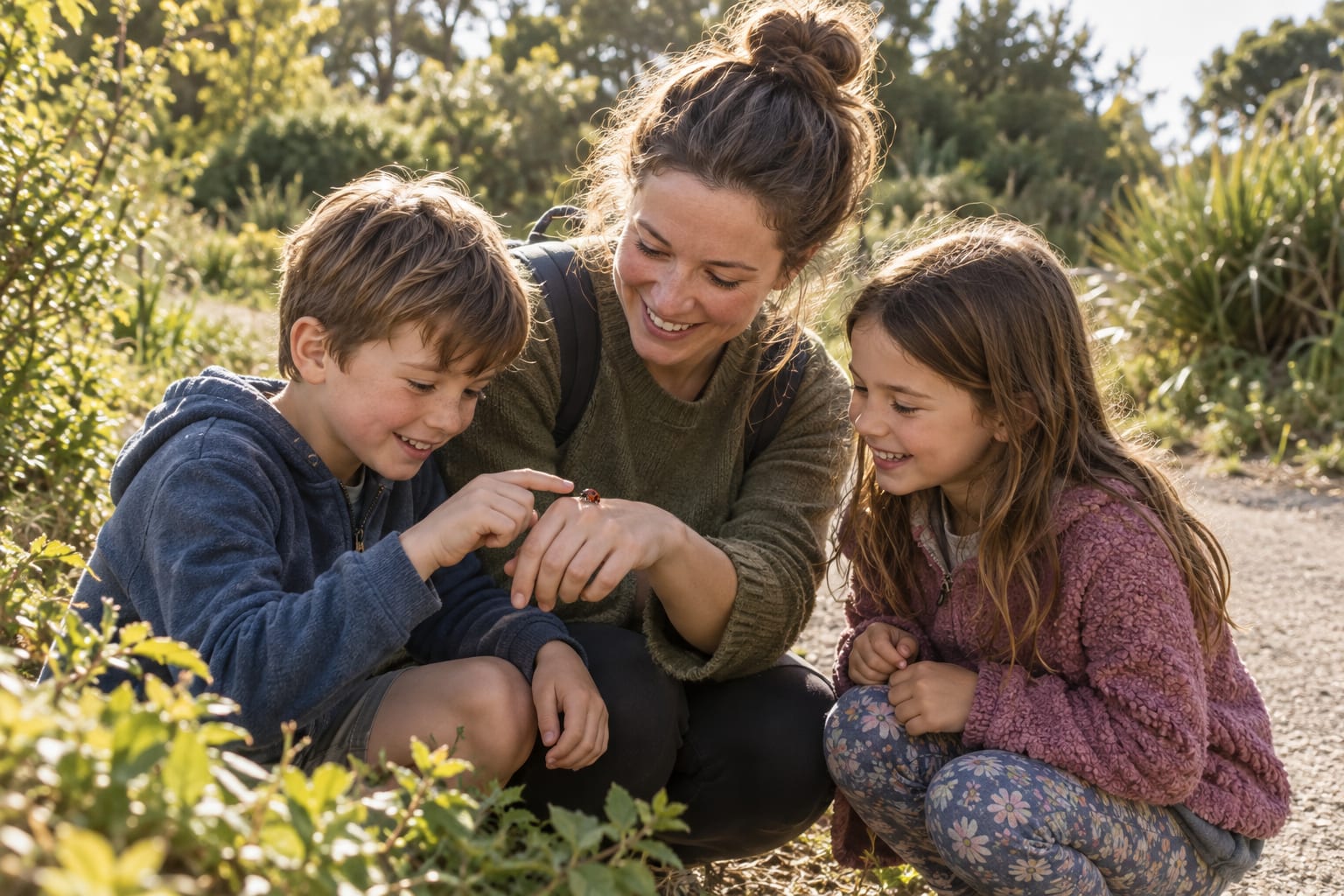 A parent and two children share the delight of finding a ladybird outdoors