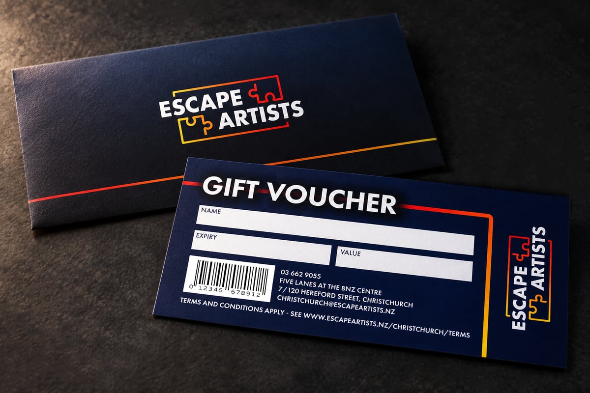 Escape Artists Christchurch gift voucher shown from the front and back