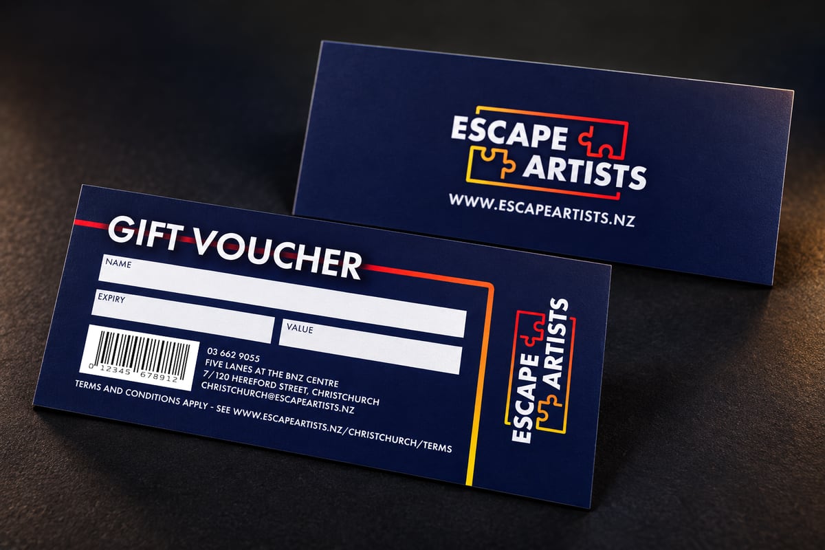 Escape Artists Christchurch gift voucher shown from the front and back