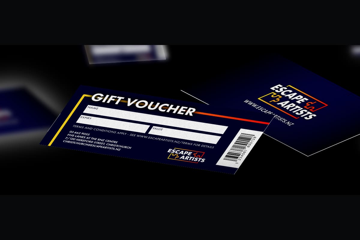 Escape Artists Christchurch gift voucher shown from the front and back