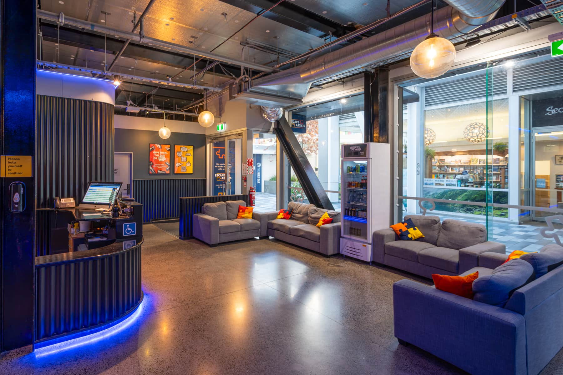 Reception and waiting area inside Escape Artists Christchurch.