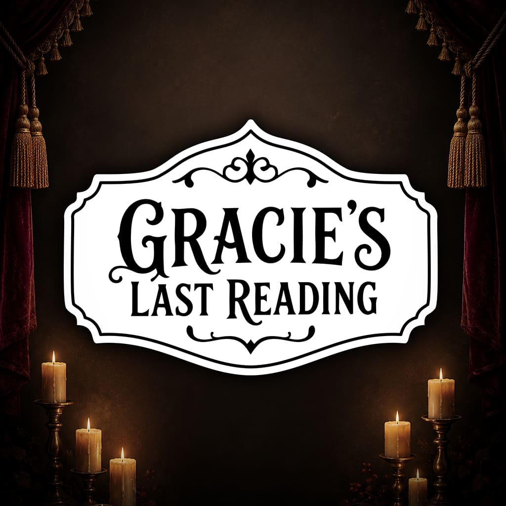 Gracie’s Last Reading title artwork framed by theatrical curtains and candlelight.