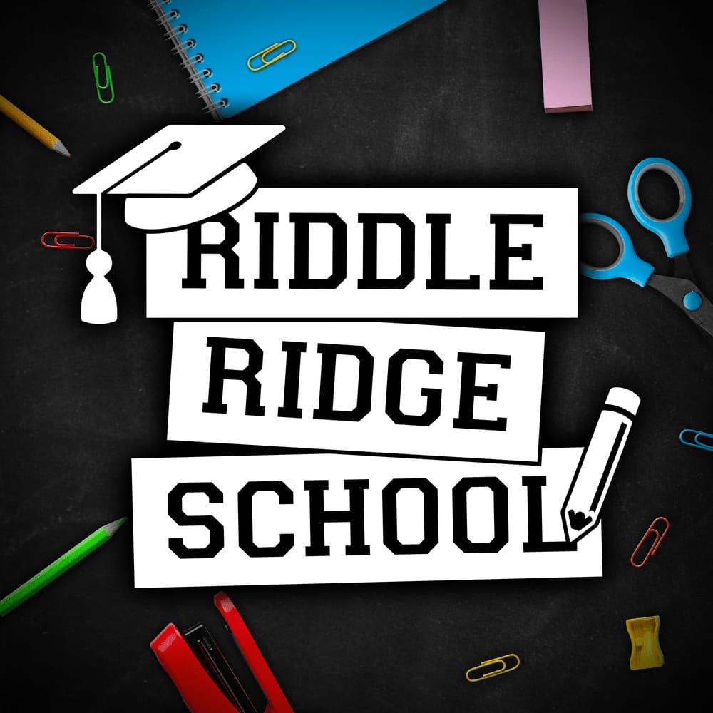Riddle Ridge School title artwork surrounded by colourful classroom stationery.