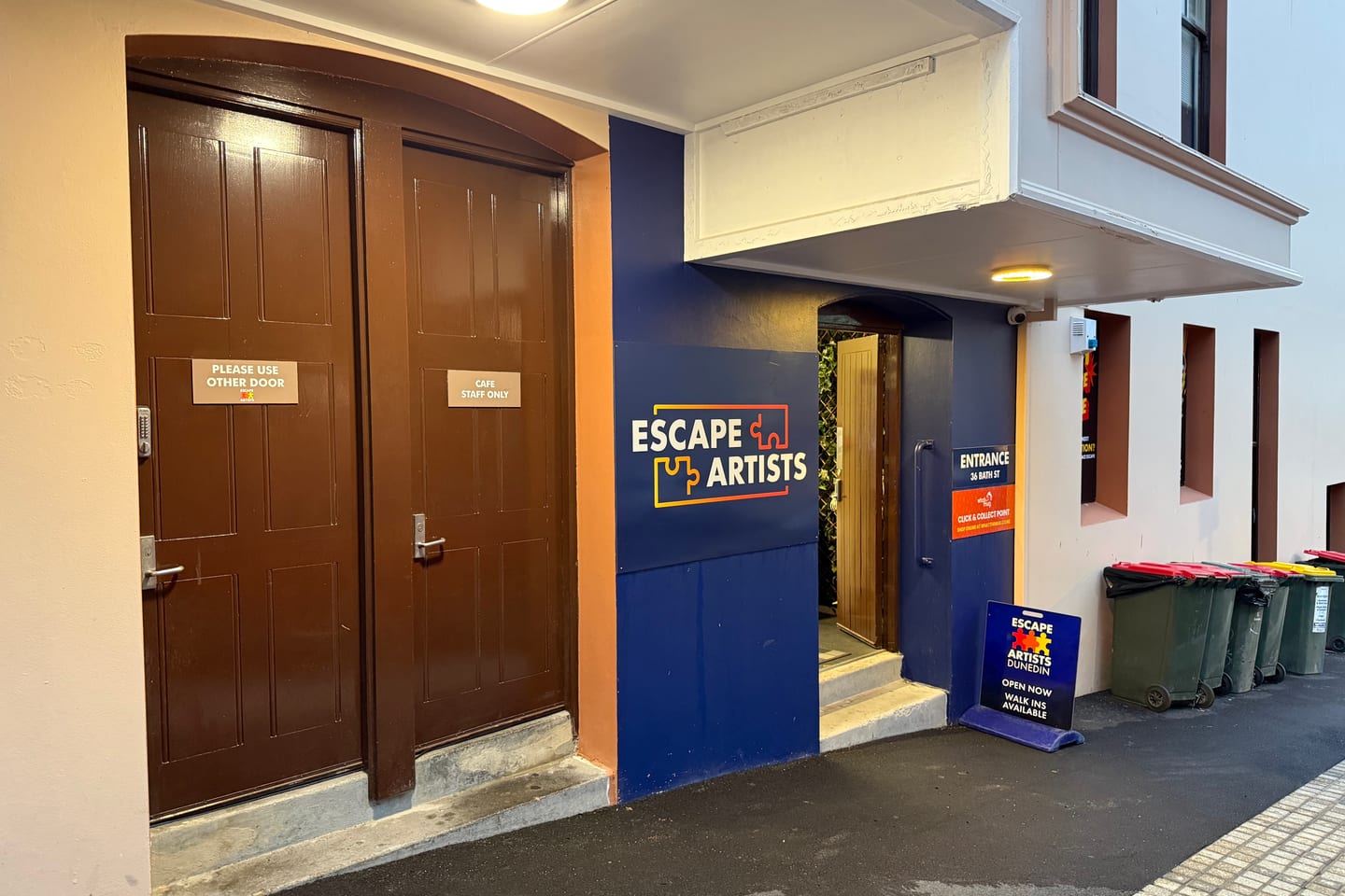 Entrance to Escape Artists Dunedin on Bath Street